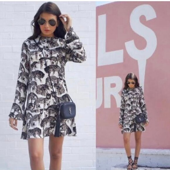H&M Bengal Cat Dress Women Size 6 Animal Pattern A-Line Long Sleeves Viscose - Picture 2 of 16